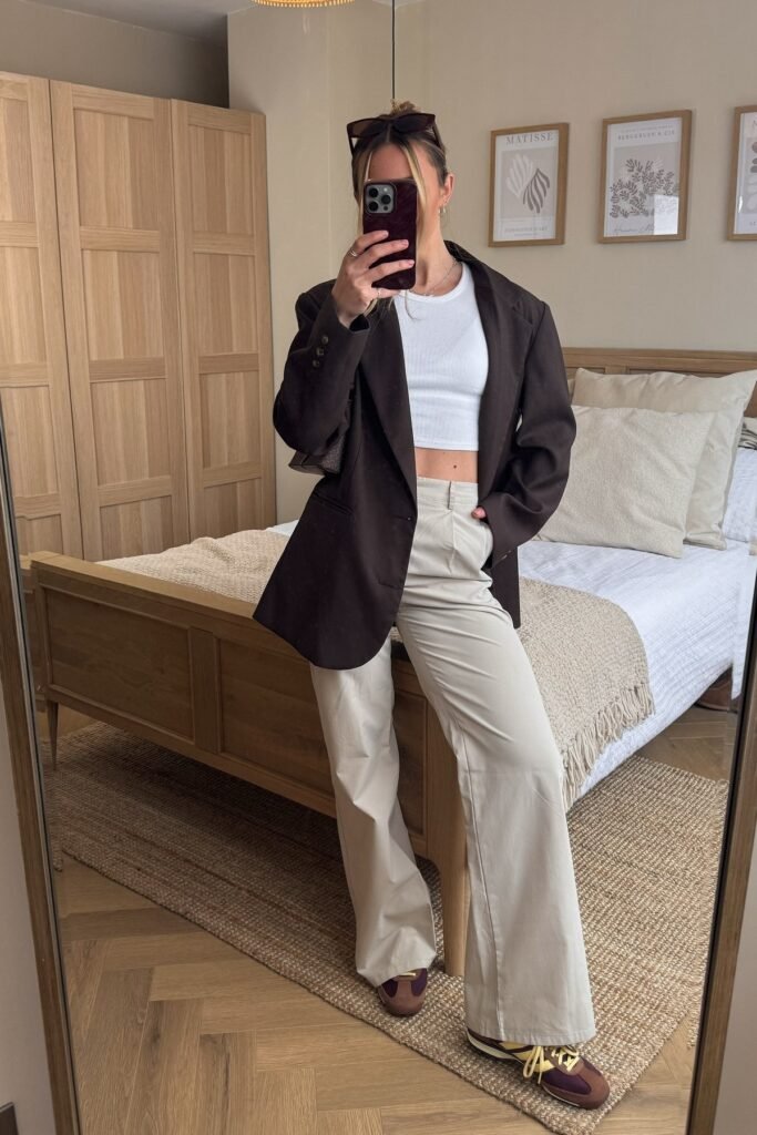 Dark Brown Oversized Blazer + Beige Trousers + Brown and Yellow Sneakers