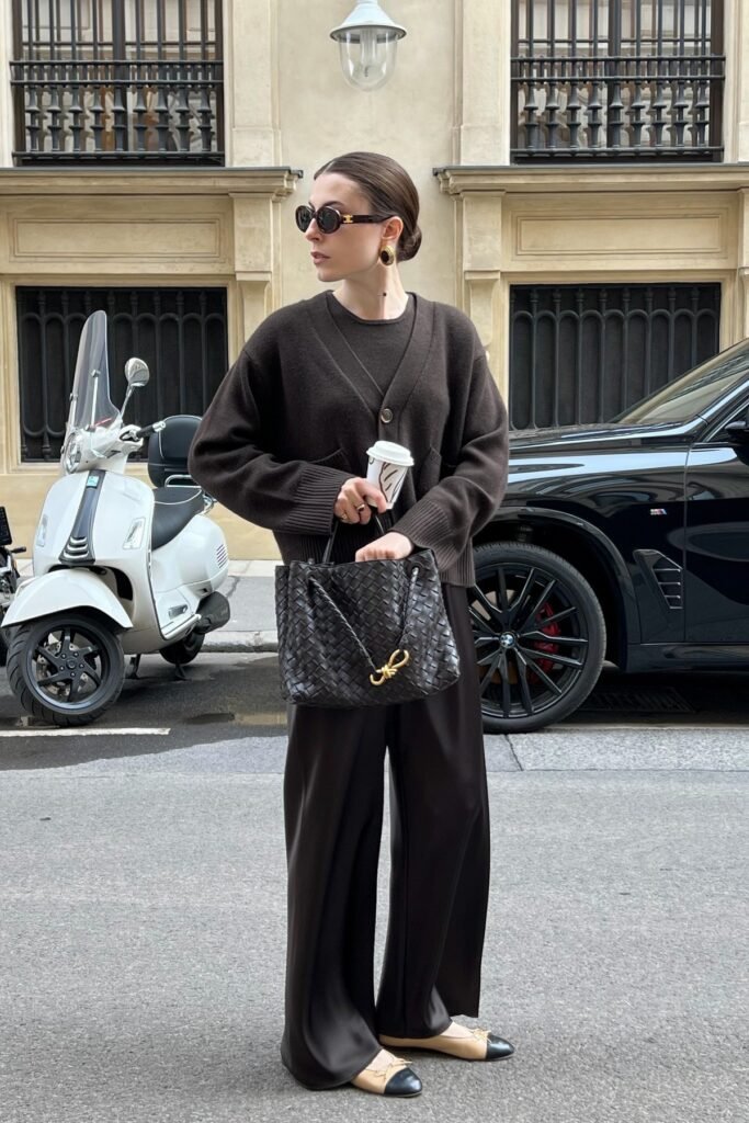 Dark Brown Oversized Cardigan + Matching Brown Knit Top + Dark Brown Satin Wide-Leg Trousers + Beige Cap-Toe Ballet Flats