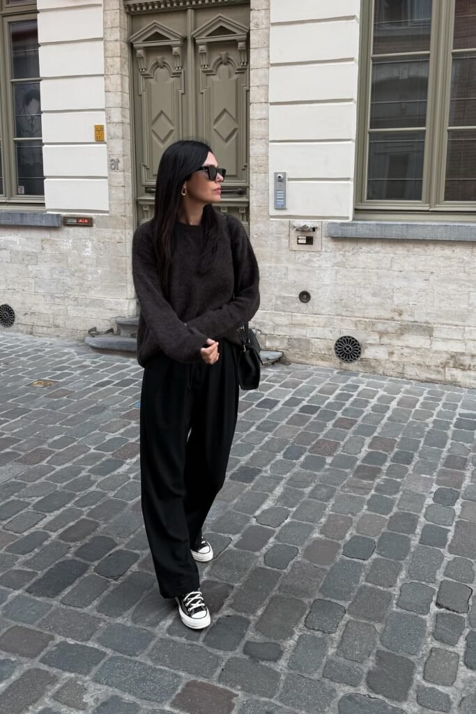 Dark Brown Oversized Knit Sweater + Black Wide Leg Trousers + Black and White Sneakers