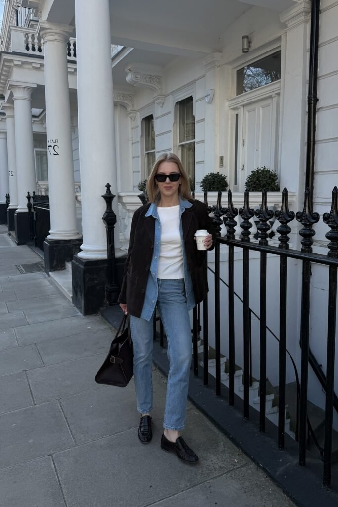 Dark Brown Suede Jacket + Denim Button Up + White T Shirt + Straight Leg Jeans + Black Loafers