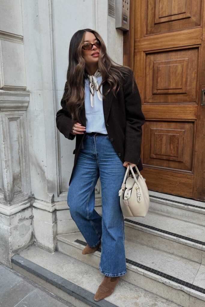 Dark Brown Textured Blazer + White T-Shirt + Blue Wide-Leg Jeans + Brown Suede Boots