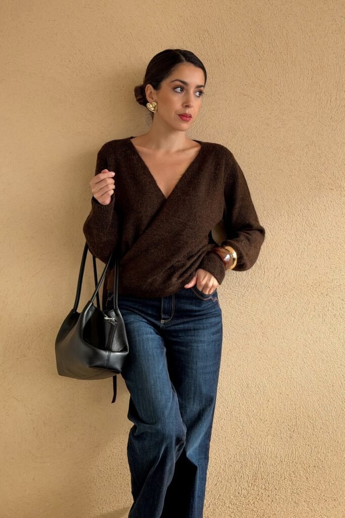 Dark Brown V Neck Wrap Sweater + Dark Wash Straight Leg Jeans + Gold Heart Earrings