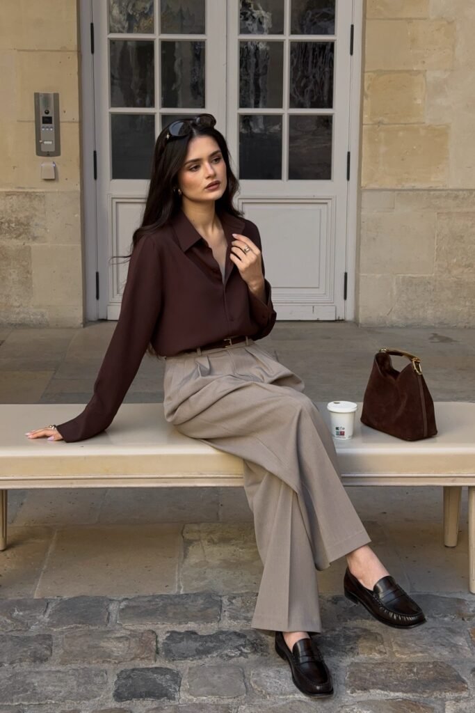 Dark Chocolate Silk Shirt + Greige Pleated Trousers + Dark Brown Loafers