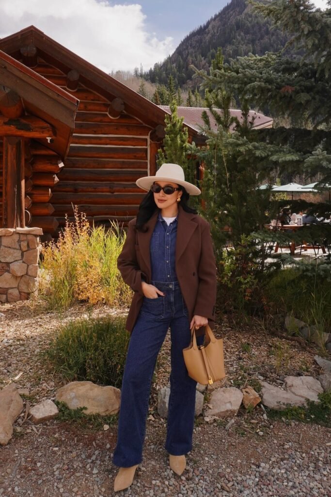 Dark Denim Boiler Suit + Oversized Brown Blazer + Pointed-Toe Tan Ankle Boots