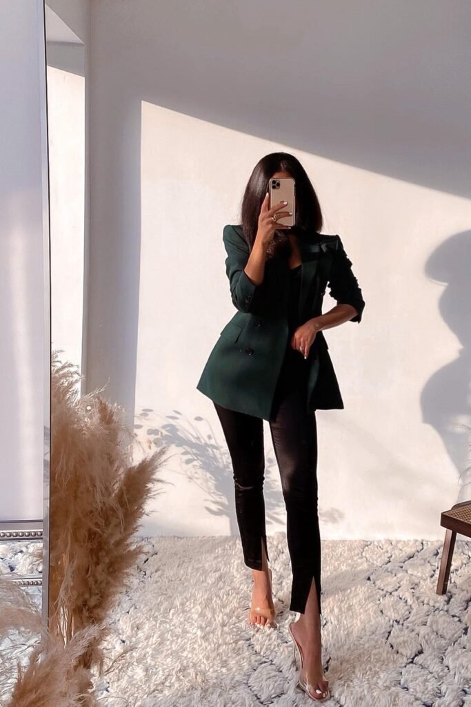 Dark Green Double-Breasted Blazer + Black Top + Black Split-Hem Leggings + Clear Heels
