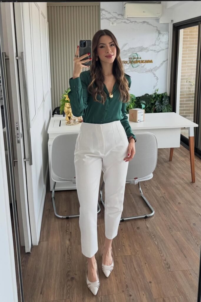 Dark Green Long-Sleeve Blouse + White High-Waisted Tapered Pants + White Pointed-Toe Flats
