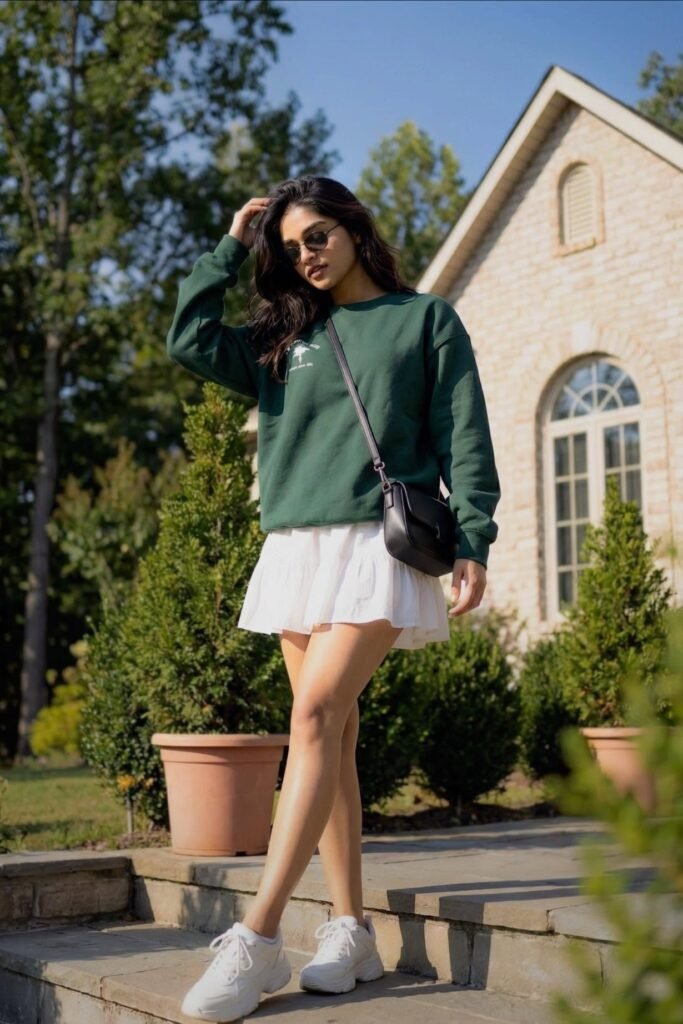 Dark Green Sweatshirt + White Ruffled Mini Skirt + White Chunky Sneakers