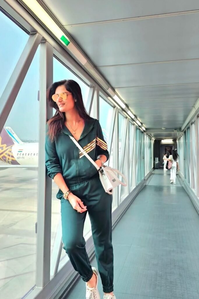 Dark Green Tracksuit with Gold Stripes + White Crossbody Bag + White Sneakers