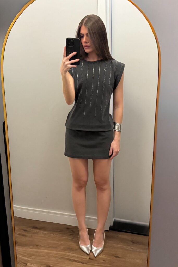 Dark Grey Embellished Sleeveless Top + Matching Dark Grey Mini Skirt + Silver Pointed Heels