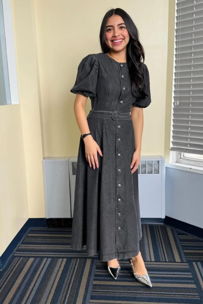 Dark Wash Denim Button-Front Midi Dress + Matching Denim Belt + Silver Pointed-Toe Flats