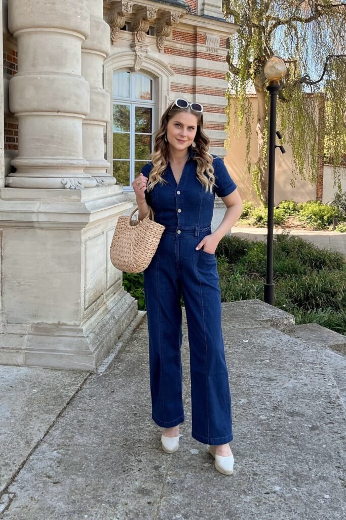 Dark Wash Denim Button-Up Jumpsuit + Woven Straw Tote + White Espadrilles