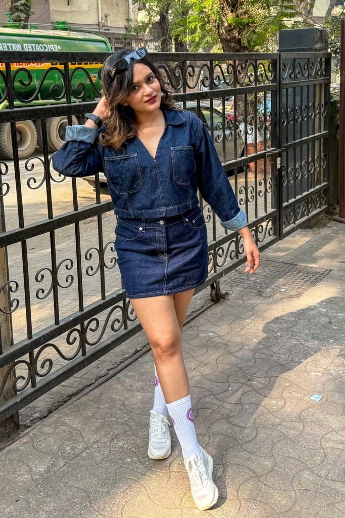 Dark Wash Denim Crop Jacket + Matching Denim Mini Skirt + White Sneakers + High Athletic Socks