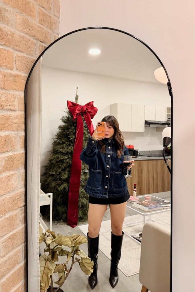 Dark Wash Denim Jacket + Black Mini Skirt + Black Pointed-Toe Knee-High Boots