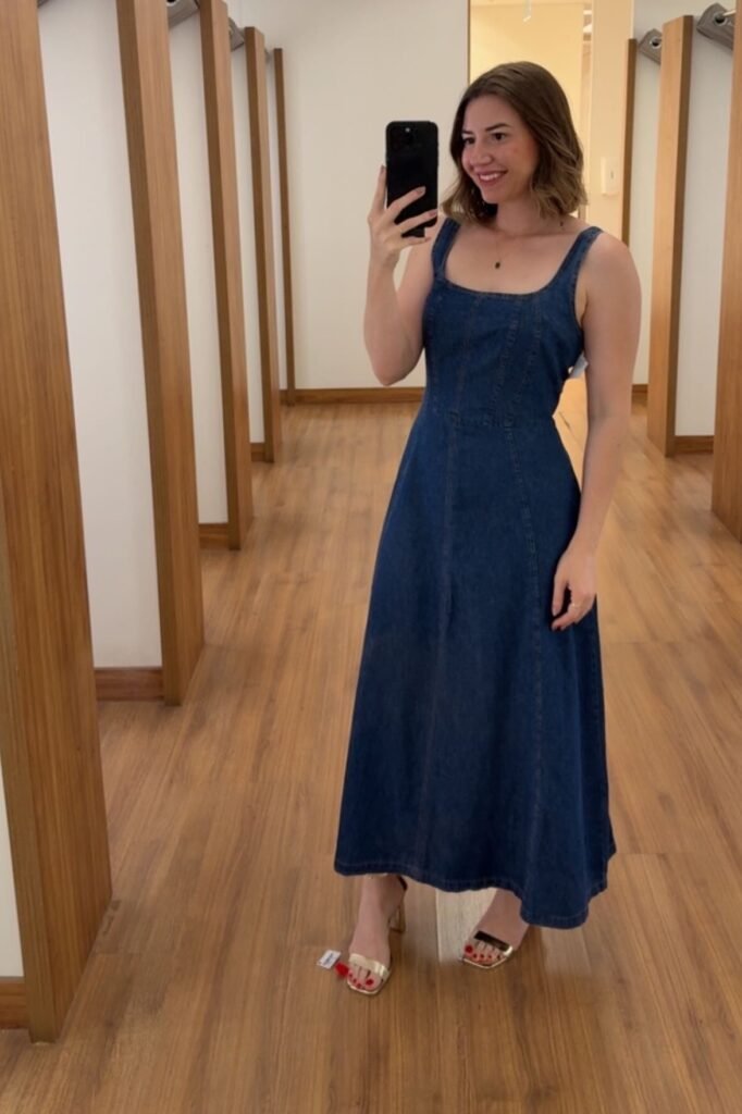 Dark Wash Denim Midi Dress + Gold Heeled Sandals