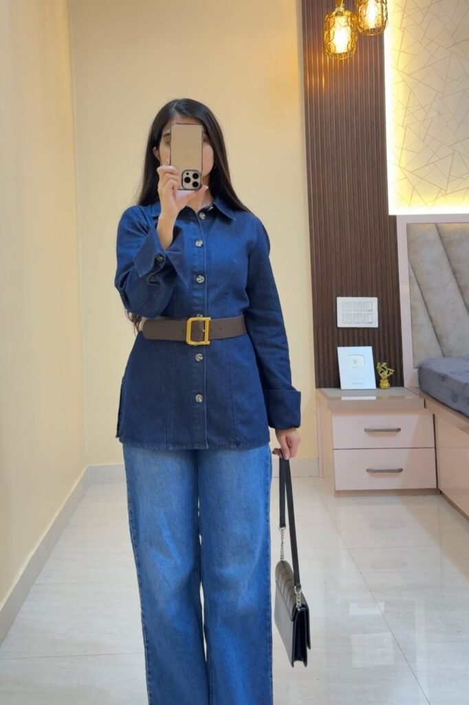 Dark Wash Denim Shirt + Medium Wash Wide-Leg Jeans + Brown Waist Belt + Black Shoulder Bag