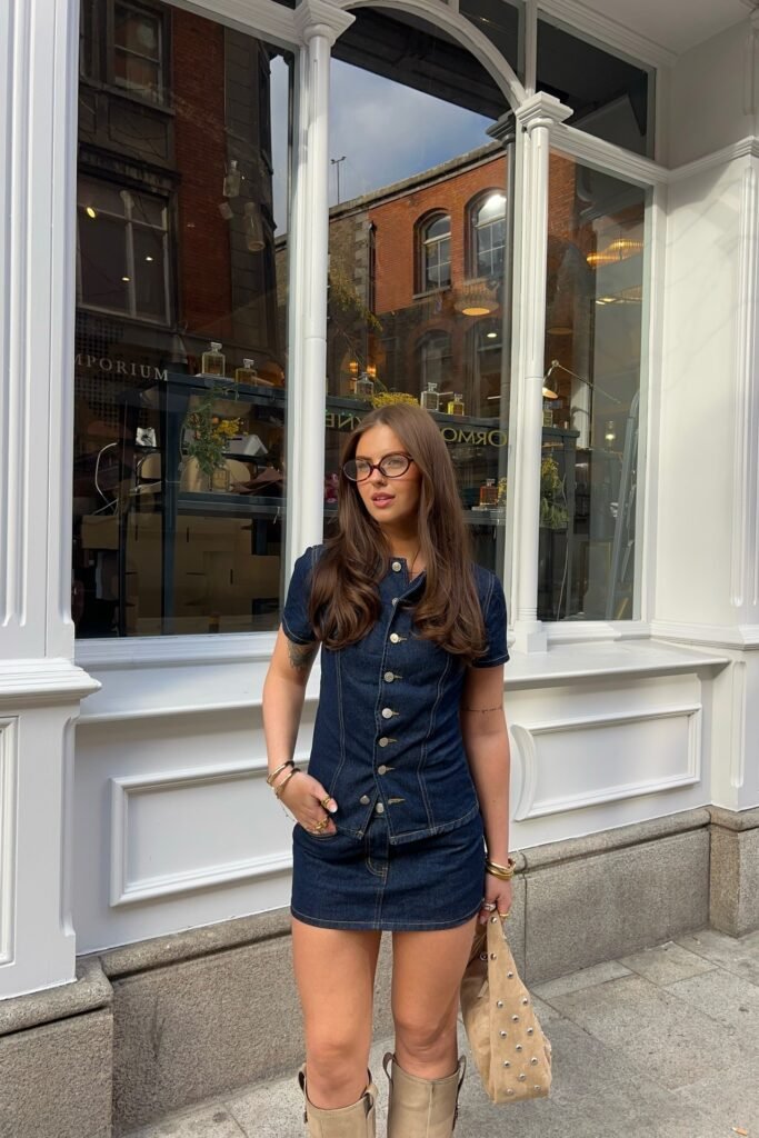 Dark Wash Denim Short-Sleeve Button-Up Top + Matching Denim Mini Skirt + Beige Tall Boots