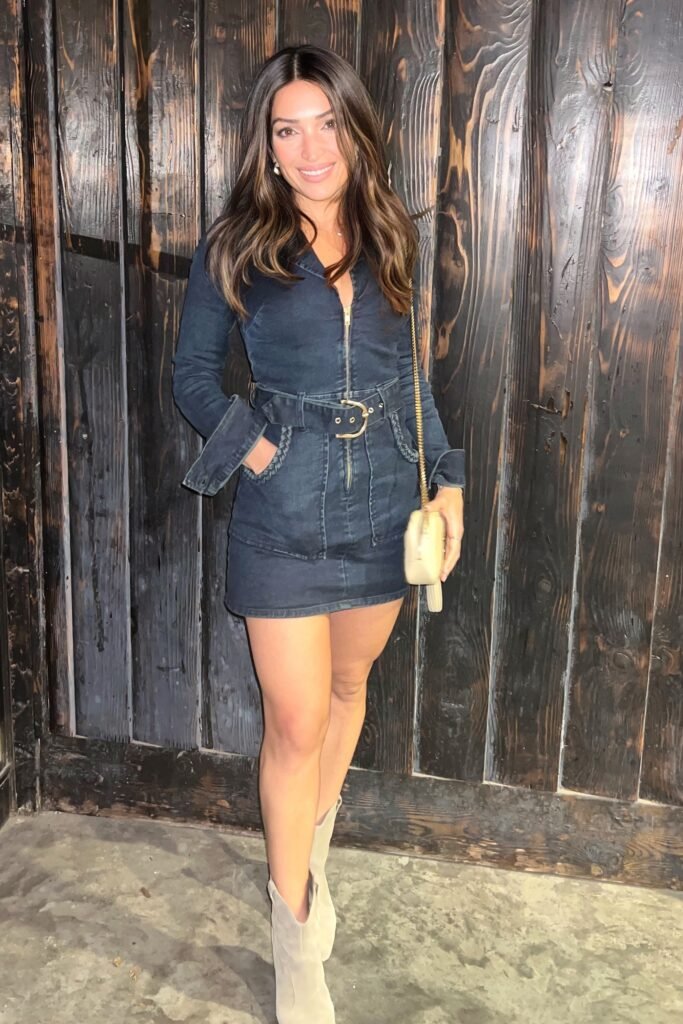 Dark Wash Denim Zip-Up Mini Dress + Grey Suede Ankle Boots + Tan Crossbody Bag