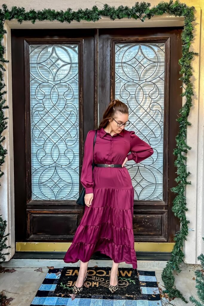 Deep Plum Tiered Satin Shirt Dress + Thin Black Belt + Leopard Print Pumps