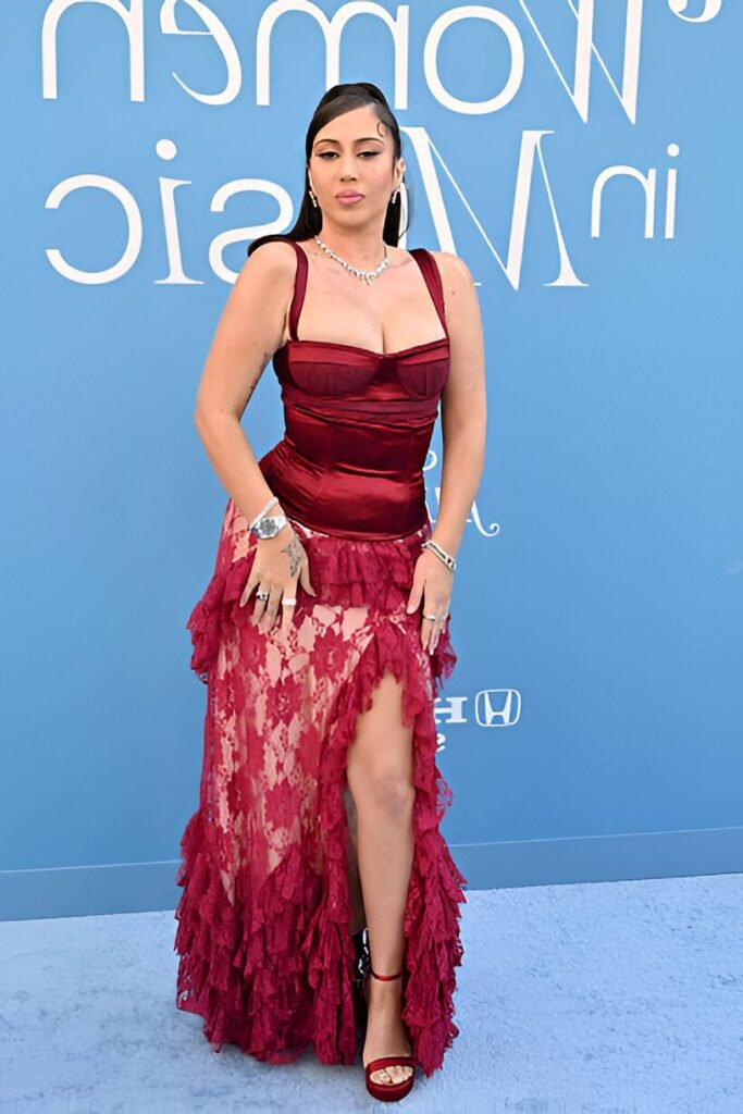 Deep Red Satin Corset Top + Layered Red Lace Ruffle Skirt + Red Platform Heels