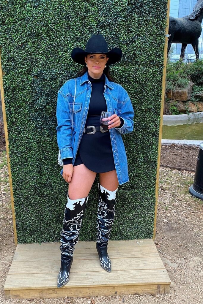 Denim Button-Down Shirt + Black Mini Dress + Black and White Over-the-Knee Boots