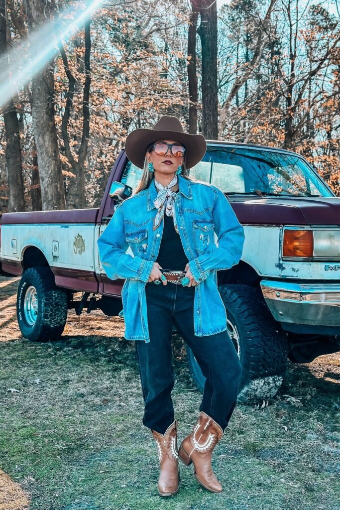 Denim Button-Down Shirt + Black Straight-Leg Jeans + Brown Embroidered Cowboy Boots