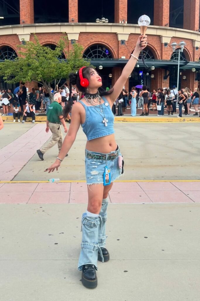 Denim Crop Tank Top + Distressed Denim Mini Skirt + Denim Buckled Leg Warmers + Black Platform Shoes