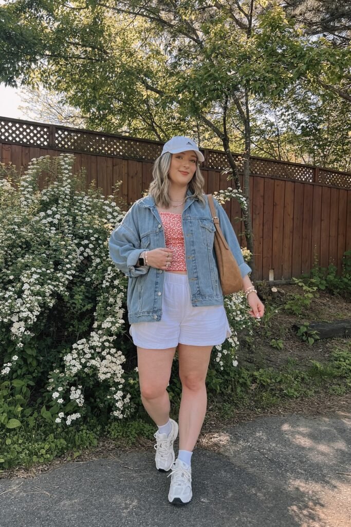 Denim Jacket + Red Floral Crop Top + White Linen Shorts + White Sneakers