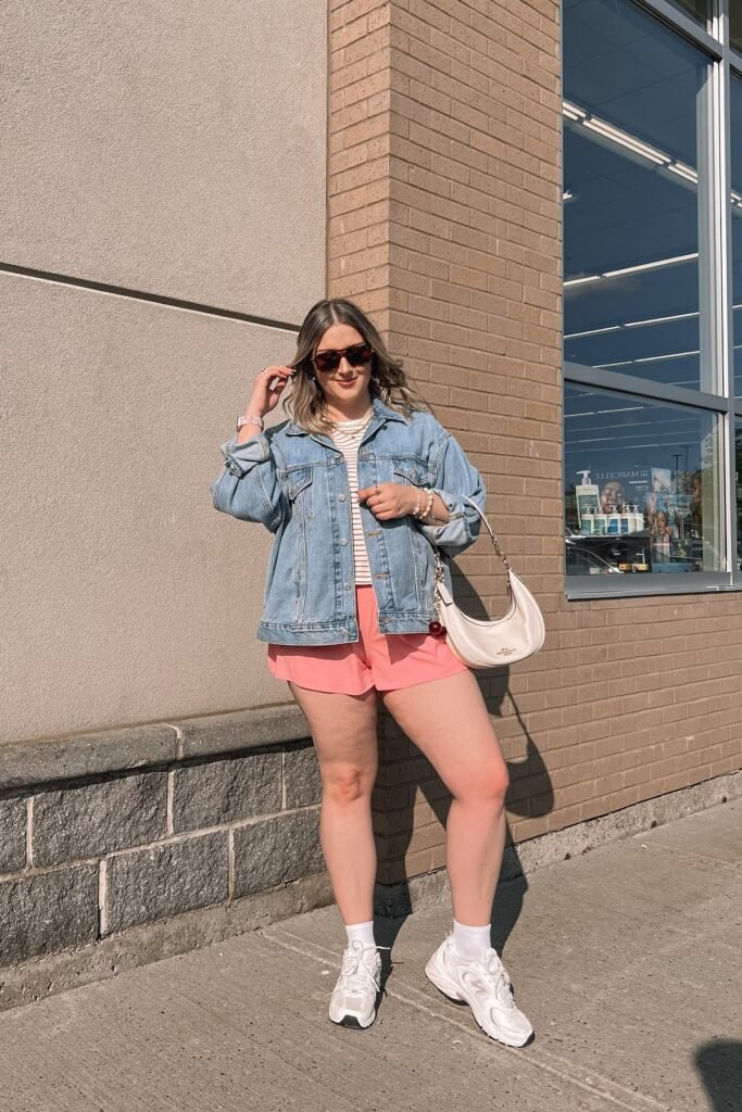 Denim Jacket + Striped Tee + Coral Shorts + White Chunky Sneakers