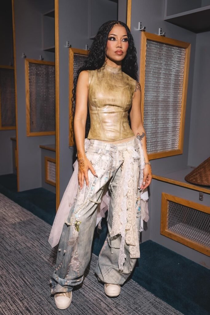 Distressed Tan Leather Sleeveless Top + Embellished Distressed Wide-Leg Jeans + Cream Platform Sneakers