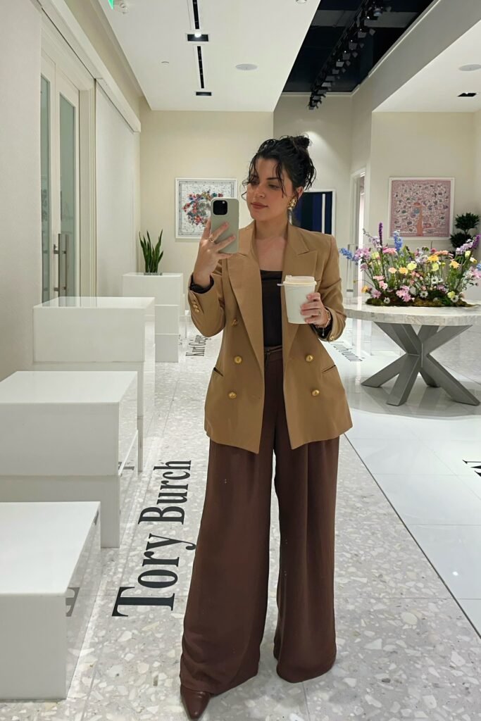 Double-Breasted Camel Blazer + Brown Wide-Leg Trousers + Dark Brown Pointed Heels