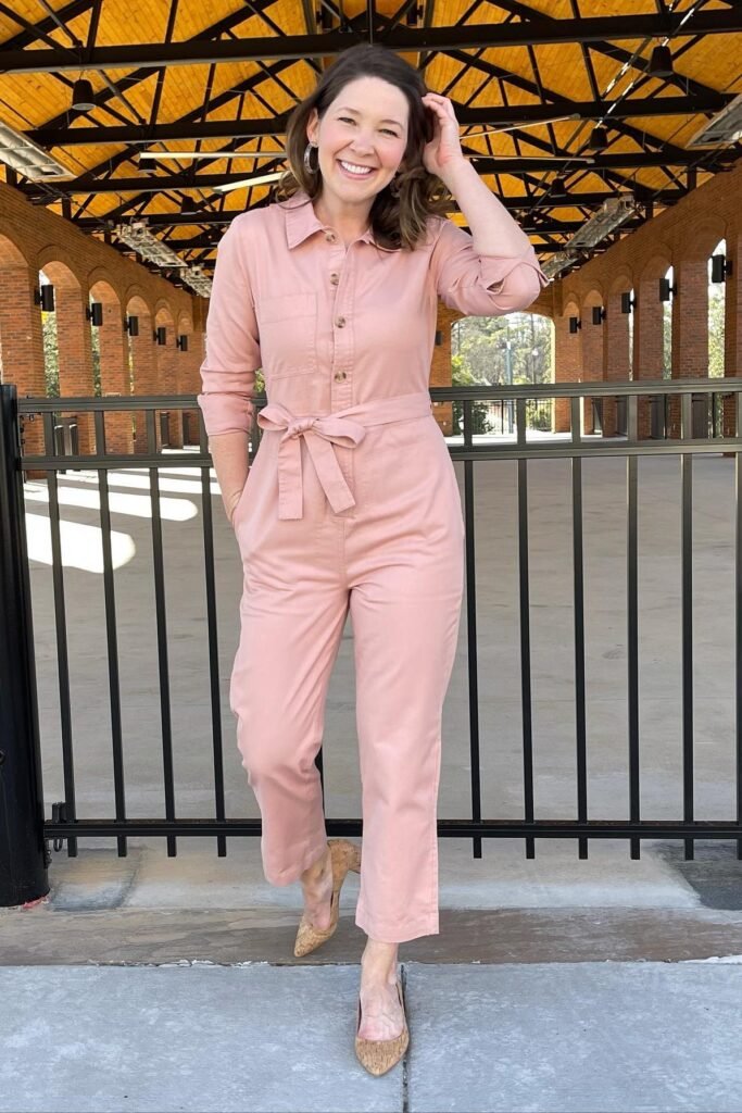 Dusty Pink Utility Jumpsuit + Cork Pointed-Toe Flats