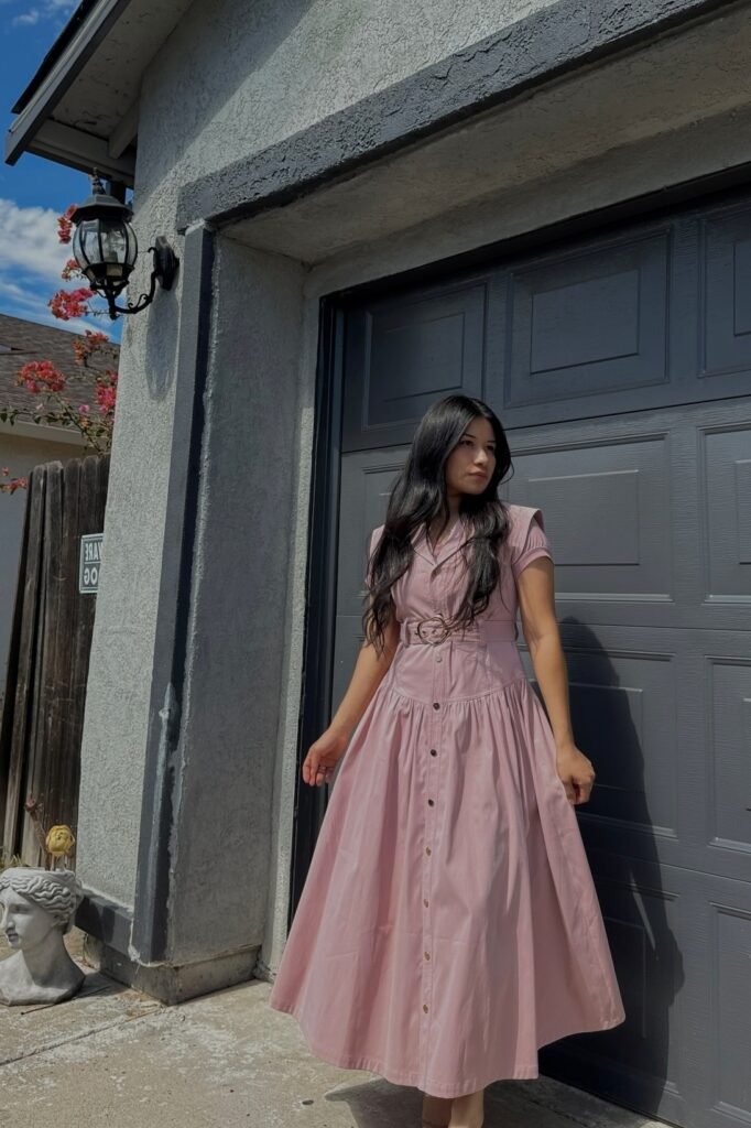 Dusty Rose Button-Down Midi Dress + Statement Belt + Neutral Heels