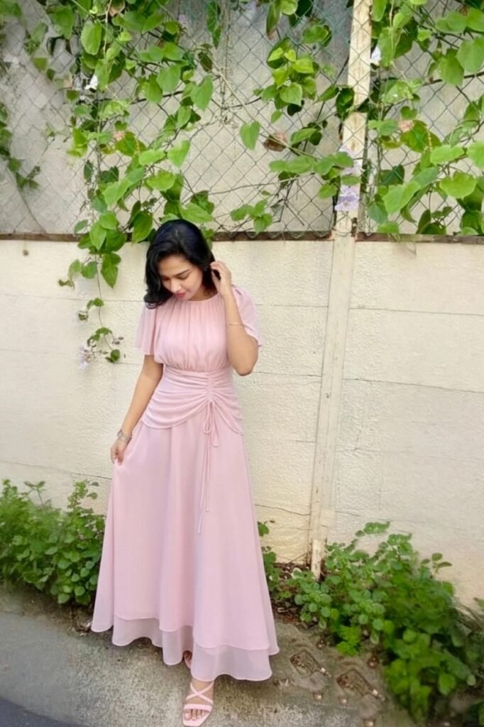 Dusty Rose Chiffon Maxi Dress with Ruched Waist + Pink Strappy Sandals