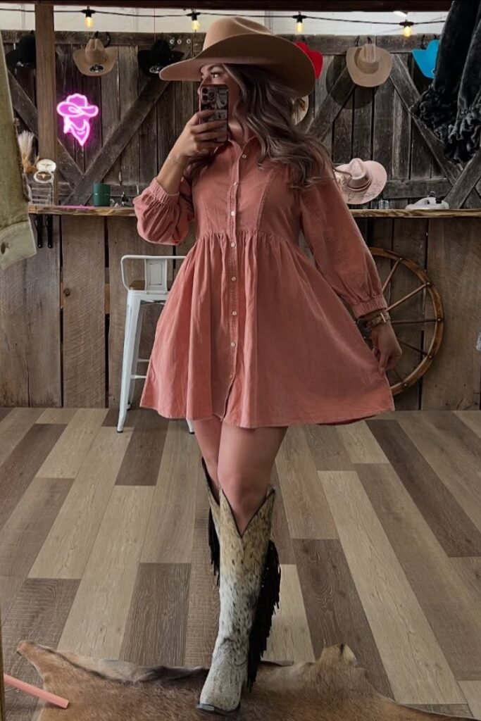 Dusty Rose Corduroy Mini Dress + Tall Cow-Print Fringe Boots + Tan Cowboy Hat