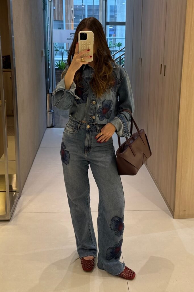 Embroidered Denim Jacket + Matching Embroidered Wide-Leg Jeans + Red Mesh Ballet Flats + Dark Brown Tote Bag