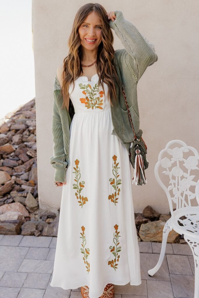 Embroidered White Maxi Dress + Sage Green Cardigan + Tan Mules