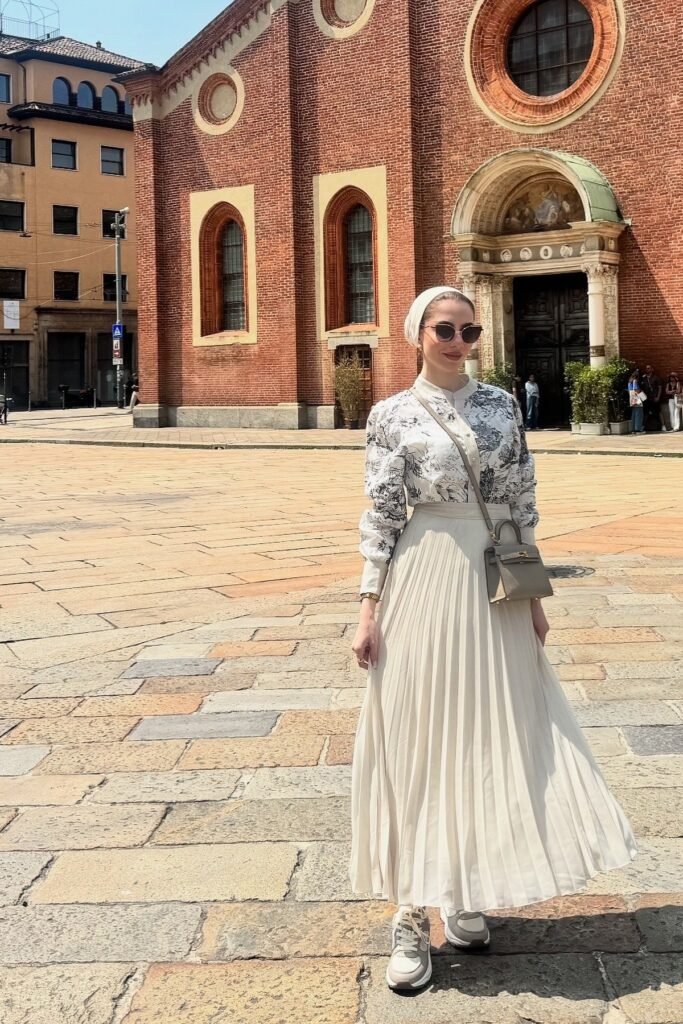 Floral Button Up Blouse + Cream Pleated Maxi Skirt + Grey Sneakers