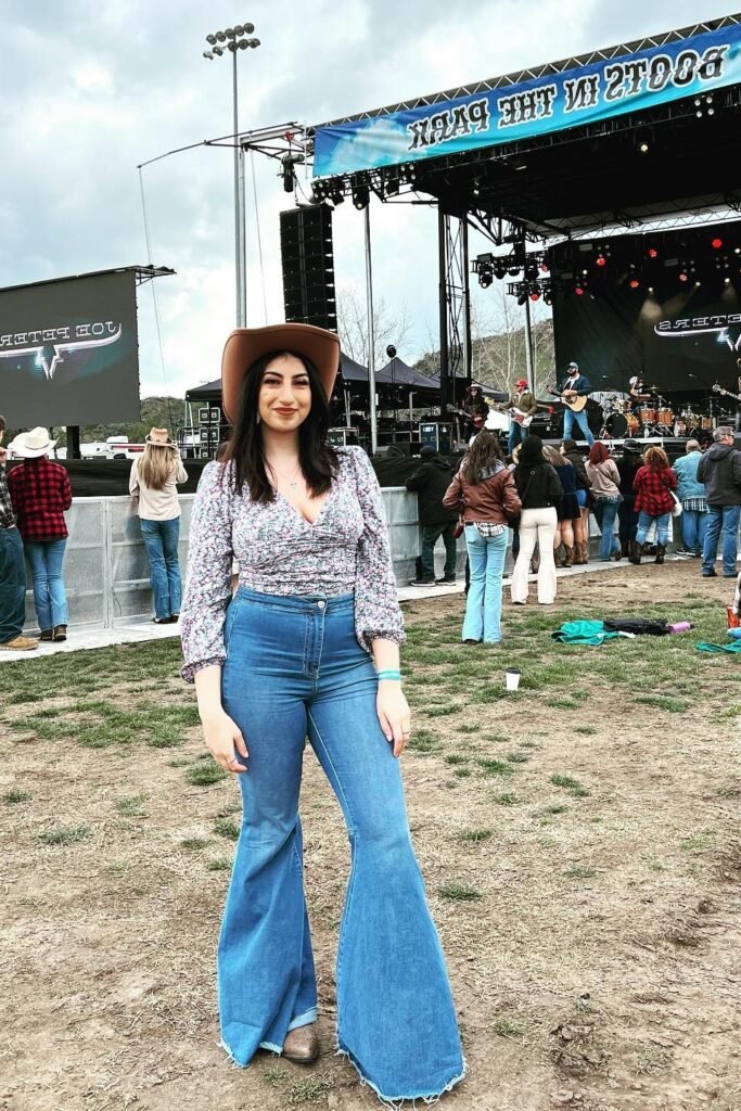 Floral Long Sleeve Crossover Top + High-Waisted Flare Jeans + Brown Western Hat
