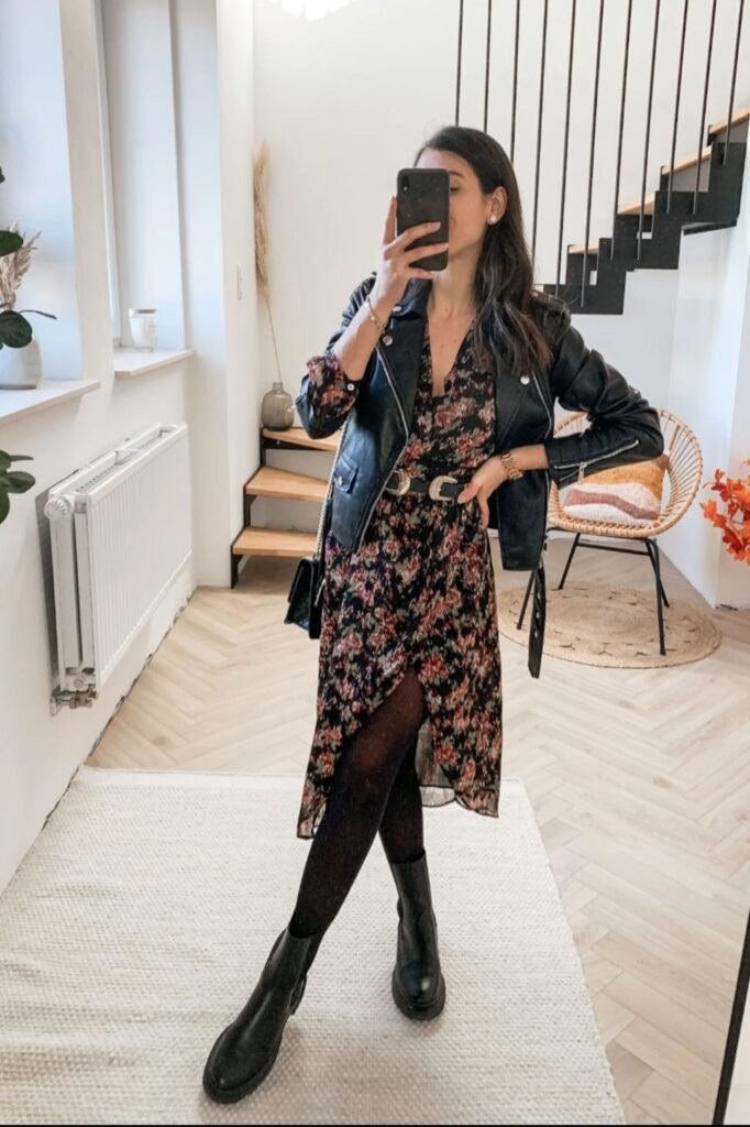 Floral Midi Dress + Black Leather Biker Jacket + Black Tights + Black Chelsea Boots