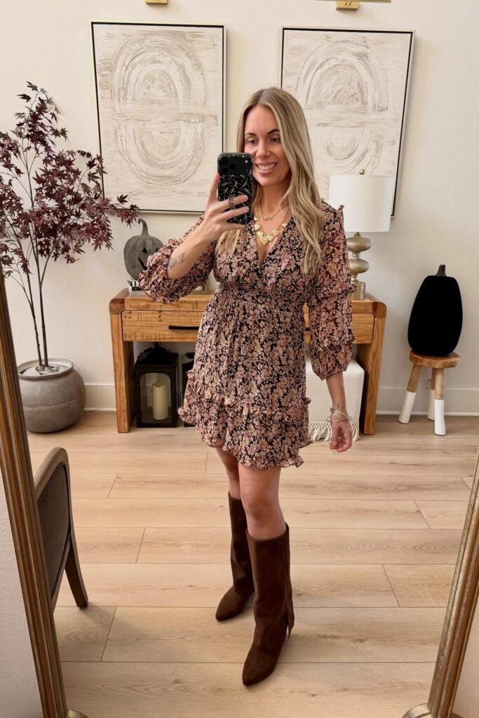 Floral Ruffled Mini Dress + Dark Brown Suede Knee-High Boots