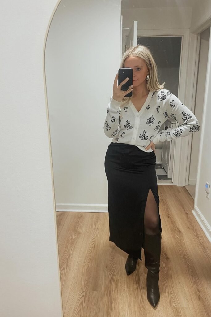 Floral White Cardigan + Black Slit Maxi Skirt + Black Pointed Knee-High Boots