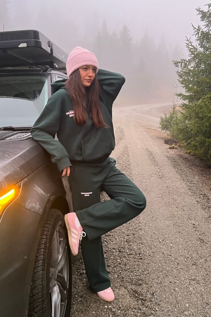 Forest Green Oversized Hoodie + Matching Forest Green Sweatpants + Pink Beanie & Sneakers