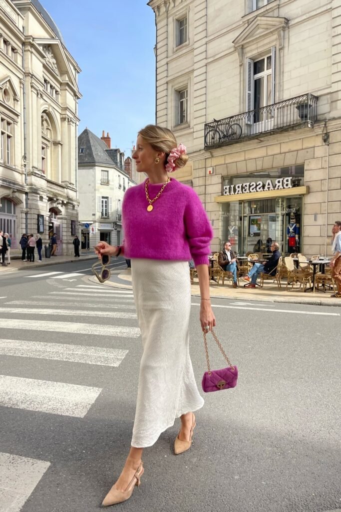 Fuchsia Mohair Sweater + White Satin Maxi Skirt + Nude Slingback Heels