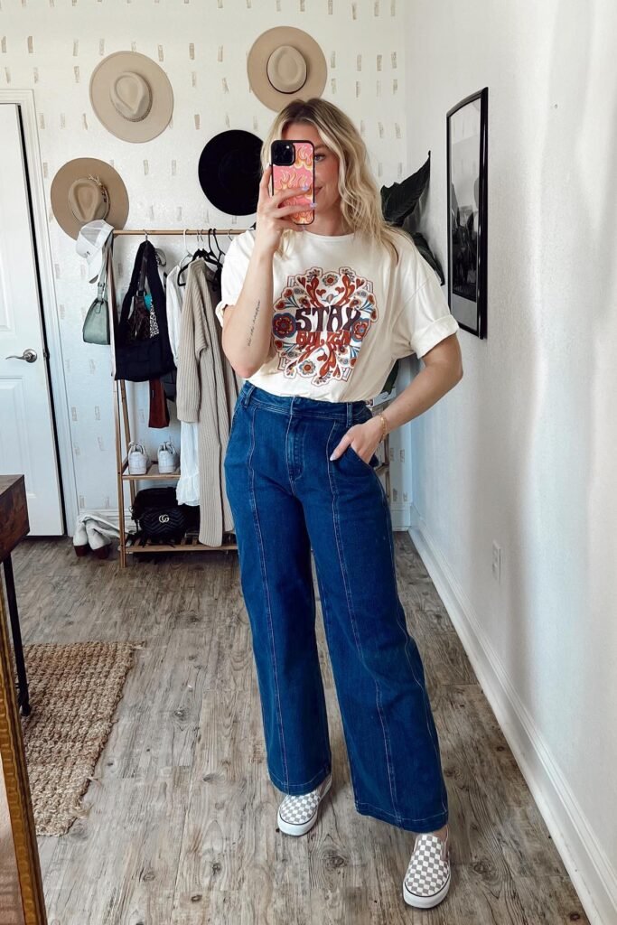 Graphic "Stay Golden" Tee + Dark Wash Seamed Wide-Leg Jeans + Checkerboard Slip-on Sneakers