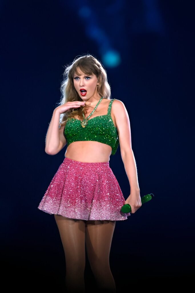 Green Beaded Crop Top + Pink and White Ombré Sequined Skirt + Green Microphone