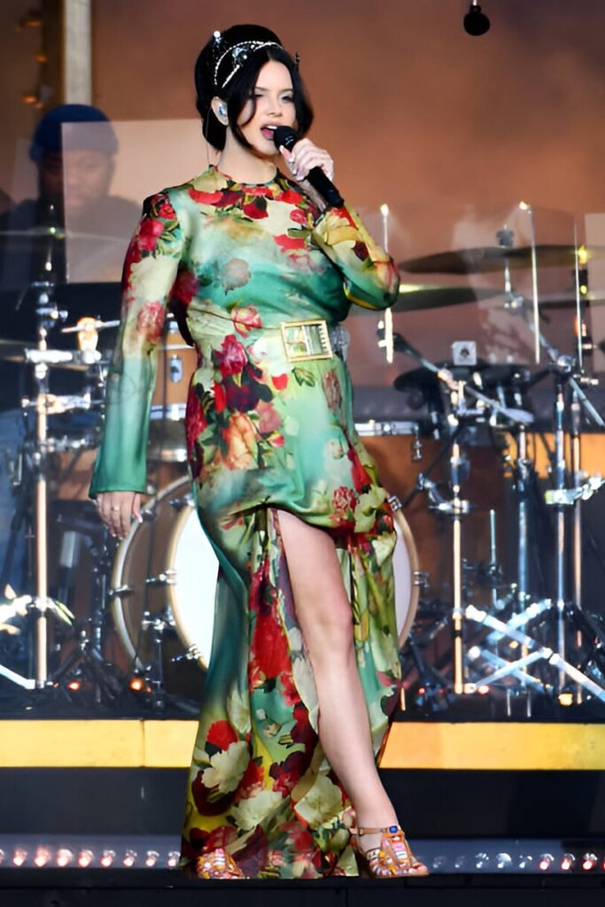 Green Floral Silk Maxi Dress + Gold Square Buckle Belt + Jeweled Strappy Sandals