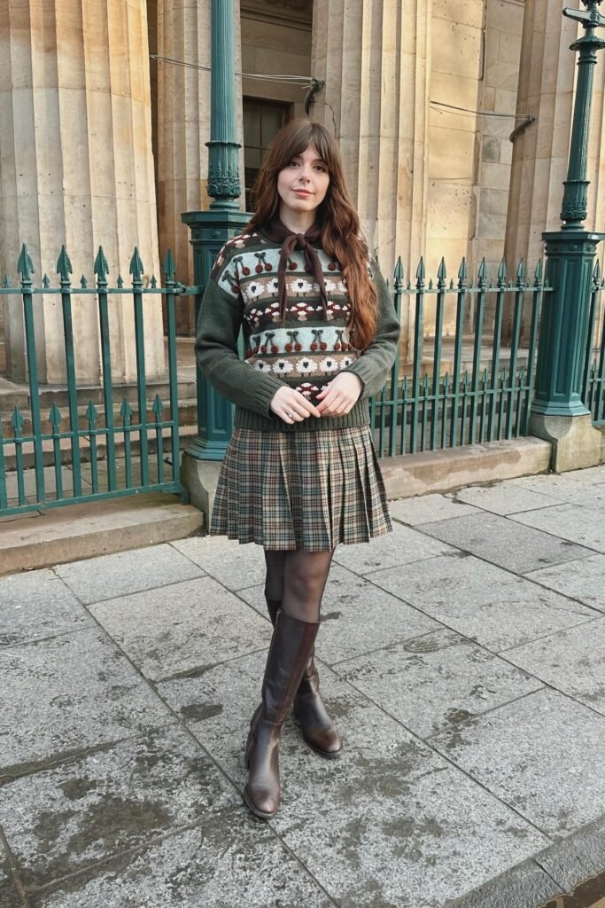 Green Graphic Knit Sweater + Plaid Mini Skirt + Brown Knee-high Boots