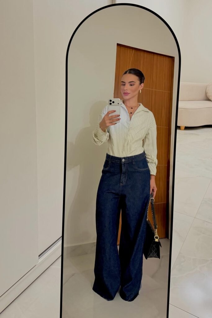 Green Pinstripe Button Down Shirt + Wide Leg Dark Denim + Black Top Handle Bag