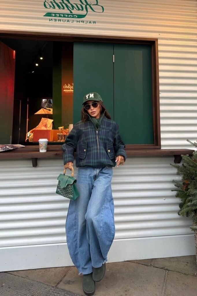 Green Plaid Bomber Jacket + Oversized Baggy Blue Jeans + Dark Green Suede Boots