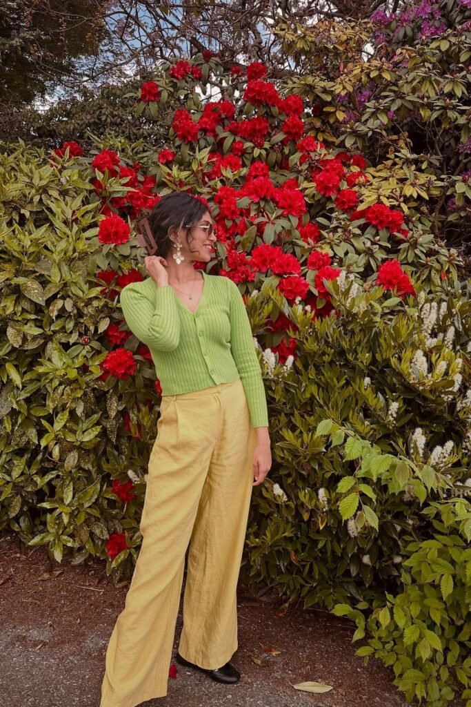 Green Ribbed Cardigan + Yellow Wide-Leg Linen Trousers + Black Loafers